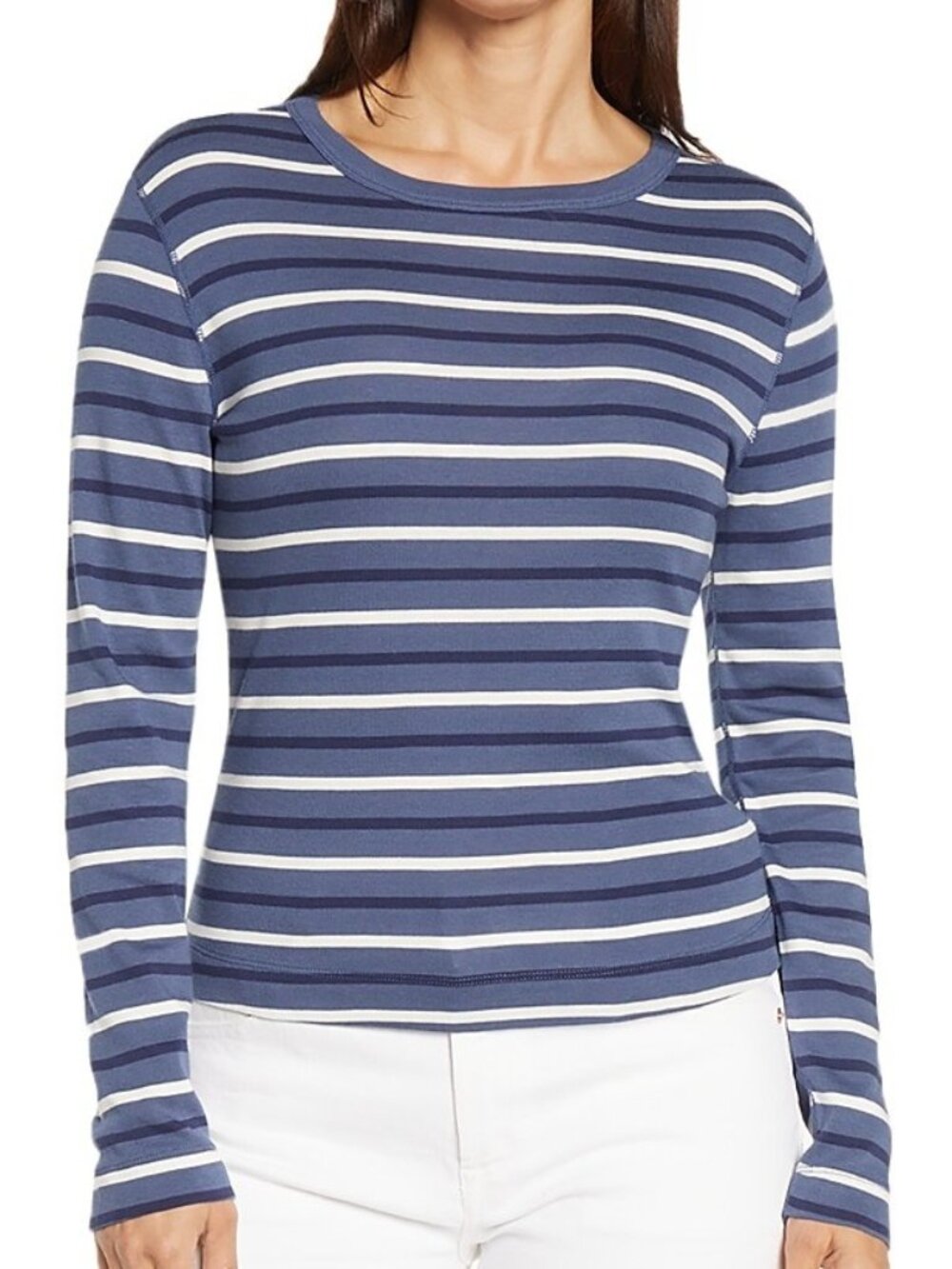 Three Dots Women's Size S Stripe Long Sleeve Crew Neck Blue White Knit Top NEW - Picture 1 of 8